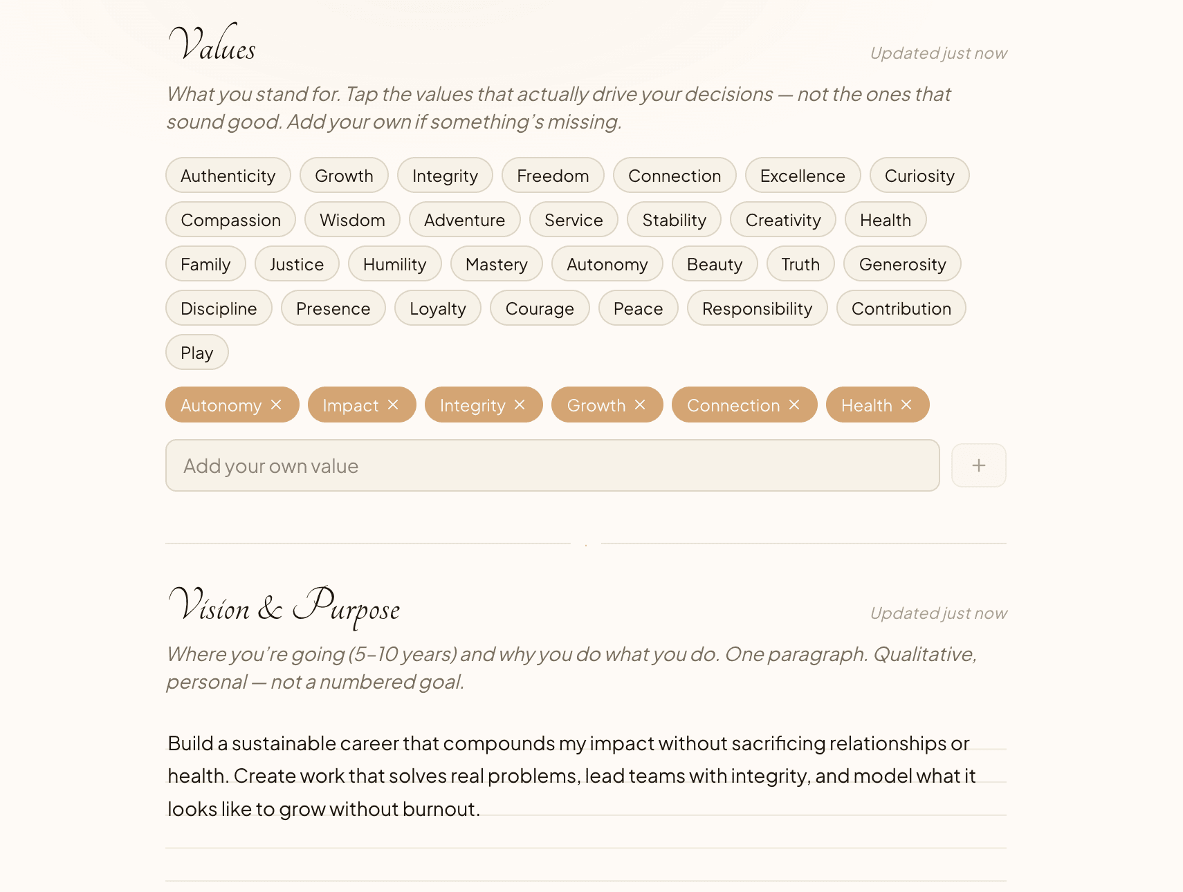 The Inner Map in LucinOS — values and a written vision of who you are and want to become.